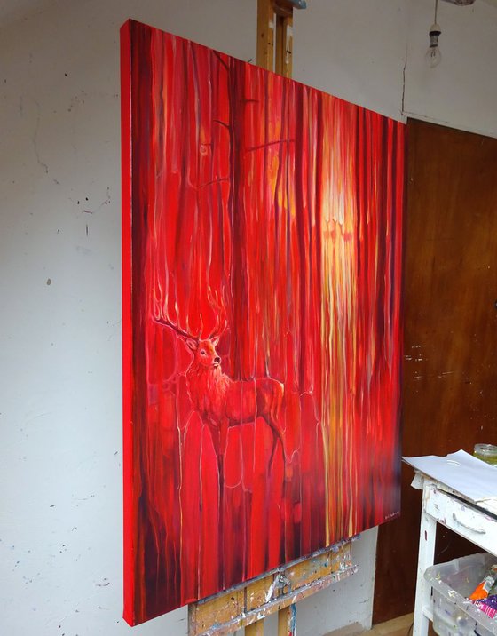 Red Forest Calls - original red oil painting with red deer in a red forest