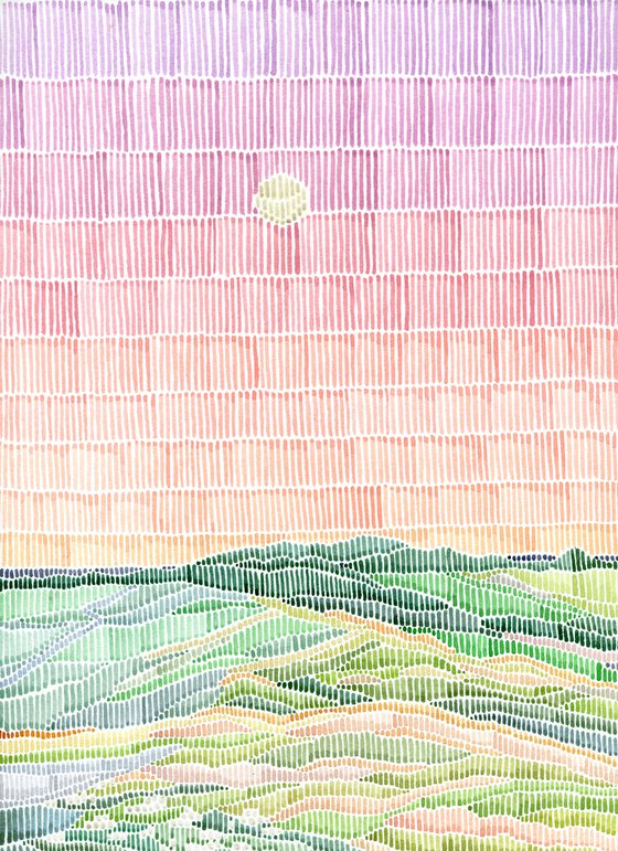 Original style watercolor abstract landscape with pink sky