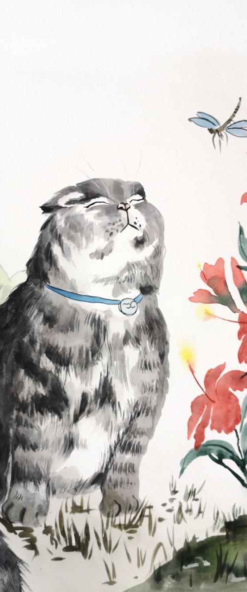 Tranquil Whiskers  cat sun by Olga Beliaeva Watercolour