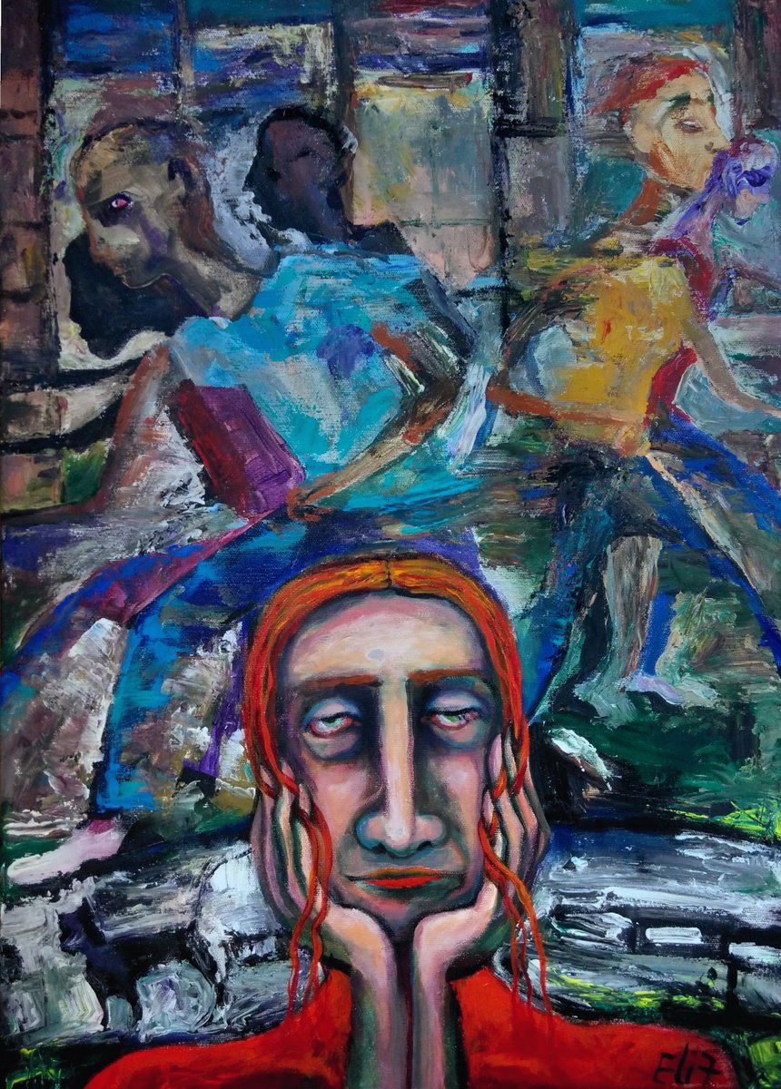 Expressive Portrait Acrylic Painting By Elisheva Nesis, 20 X 28, Stop It!, Original Artwork