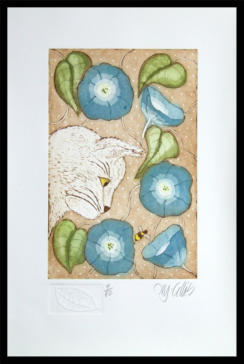 Illustrative Animal Etchings & Engravings By Mariann Johansen-Ellis, 10 X 14", Morning Glory And Bumblebee, Original Artwork