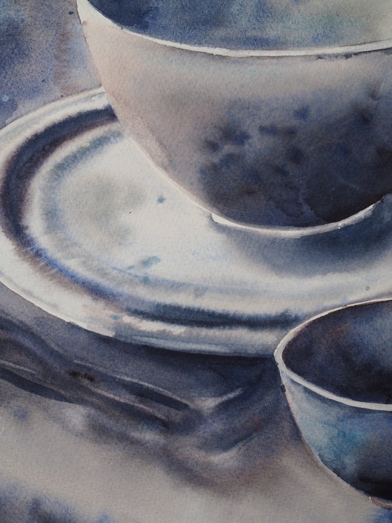 Kitchen story - gray bowls and plate - original watercolor