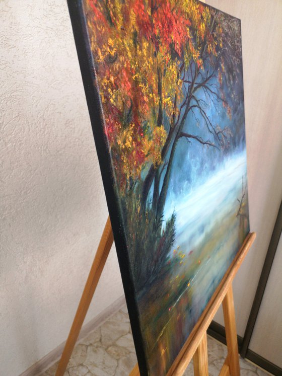 Reflection of autumn, oil painting, original gift, Autumn landscape, Landscape with foghome decor, Bedroom, Living Room, Blue, Leaves, yellow, reflection in water, Lake, Trees, Fog, driftwood, Witchcraft