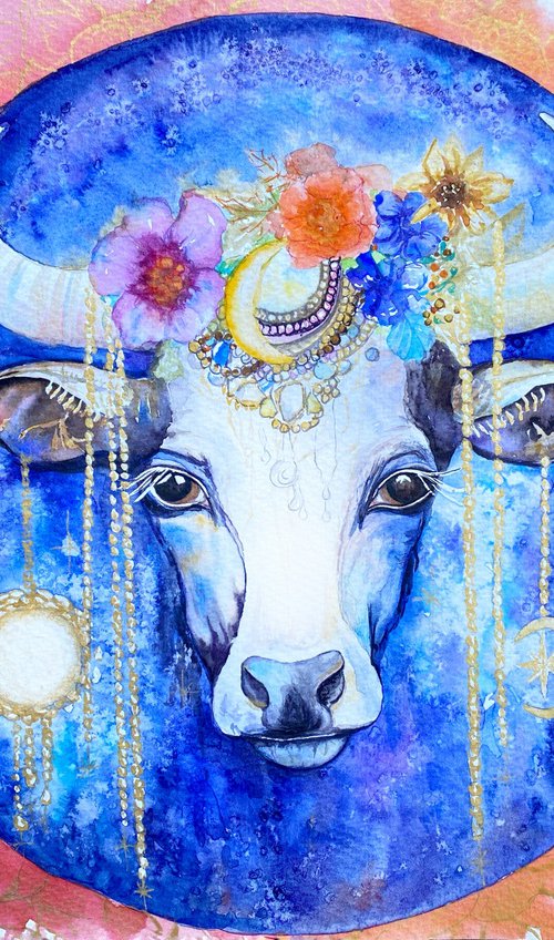 Lunar Cow: Dance of Light and Flowers by Tetiana Savchenko