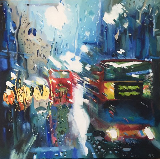London Buses in the Rain