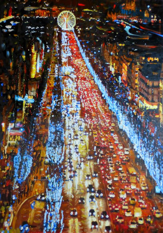 Night Lights, large oil painting 70x100 cm, ready to hang!