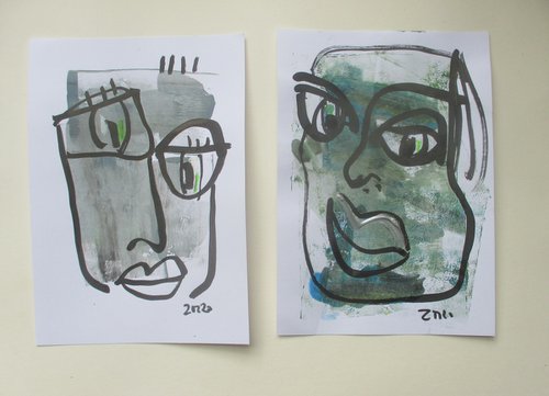 2 expressive green girl portrait 8,2 x 5,9 inch unique mixedmedia drawing by Sonja Zeltner-Müller
