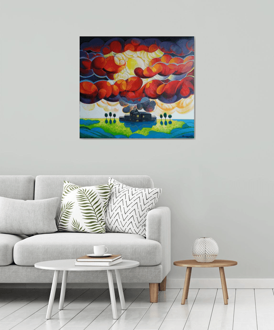 Sunset (80x90cm, cubism, oil painting, ready to hang)