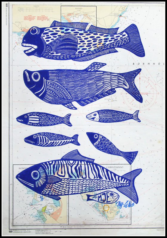Fish, linocut on seachart