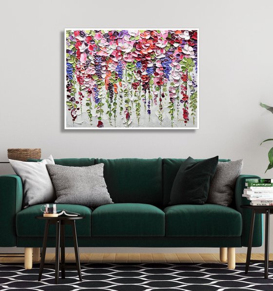 Blooming Above - Original Abstract Falling Colorful Leaves Flower Painting, Pink Flower Painting, Size: 32 x 24 inches (80 x 60 cm)