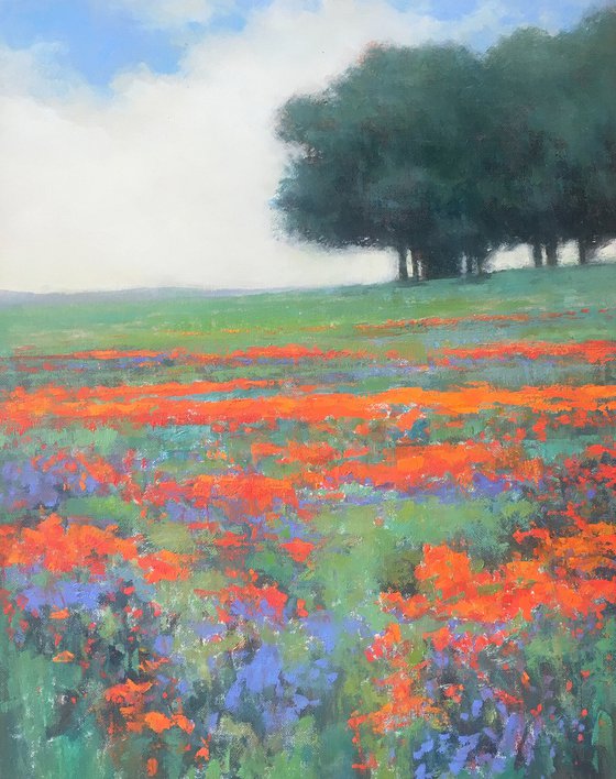 Red Poppy Field, flower field impressionist landscape oil painting