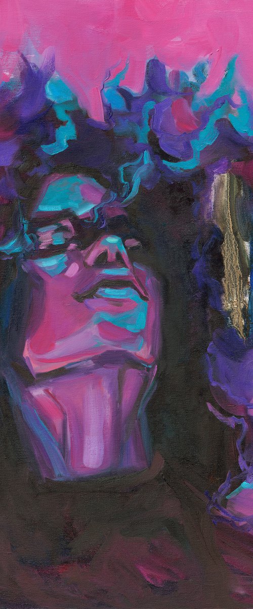 YOU ARE BLOOMING - African American wall art, black woman portrait, colorful contemporary original oil painting, purple pink canvas by Anna Miklashevich