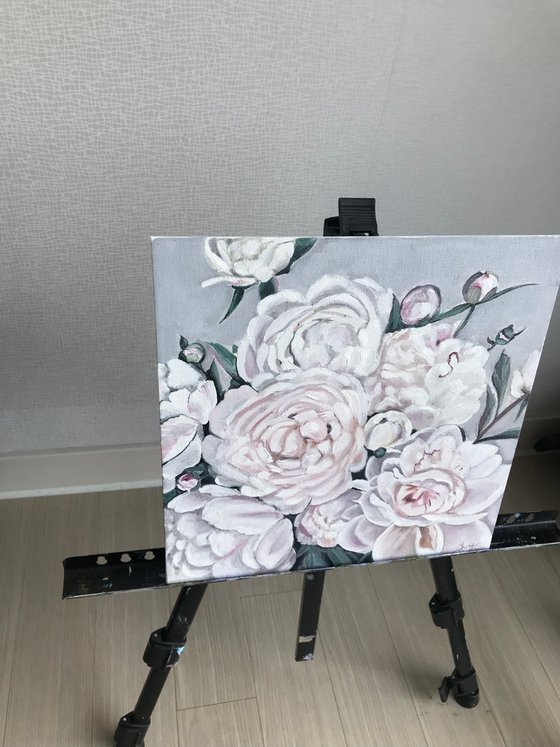 White Peonies oil painting 12x12 inch