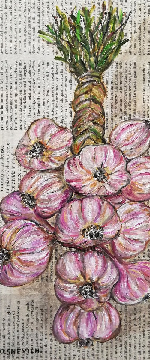 "Garlic String on Newspaper" Original Oil on Canvas Board Painting 12 by 8 inches (30x20 cm) by Katia Ricci
