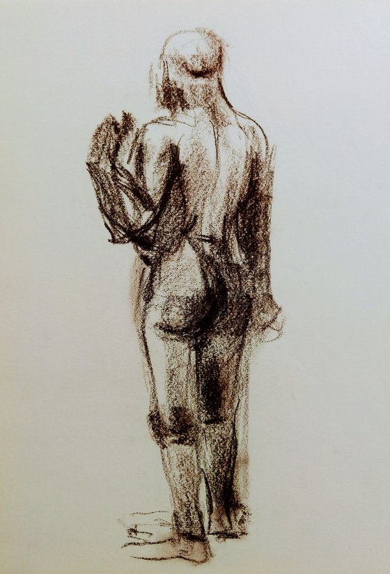 Nude. Abstract male figure. Drawing with a brown pencil on paper