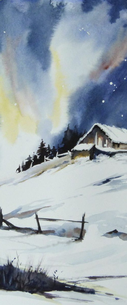 Barn on snowy hill. by Graham Kemp