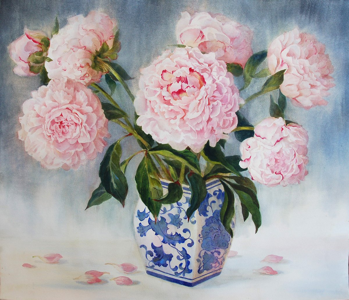 Photorealistic Botanical Watercolour By Yulia Krasnov, 25 X 22", Peonies In A Chinese Vase, Original Artwork