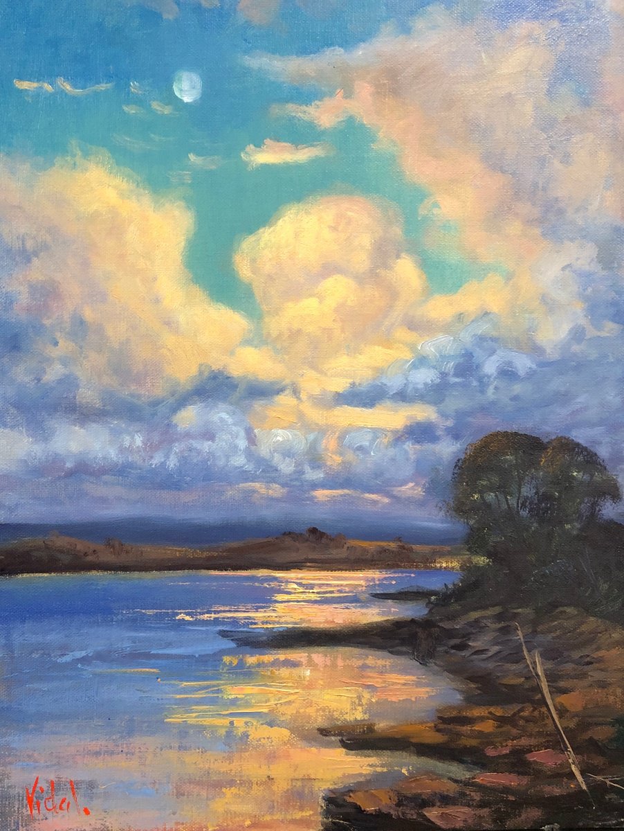 Impressionistic Landscape Oil Painting By Christopher Vidal, 12 X 16, Sunset Light On Storm Clouds With Reflections, Artfinder