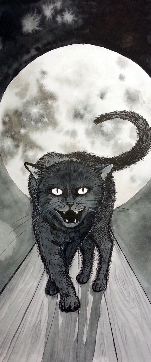 Black Cat Full Moon Happy Hall by Olga Beliaeva Watercolour