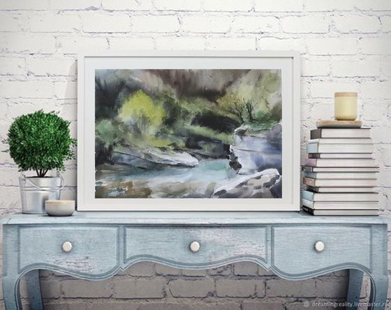 Watercolor painting Landscape Mountain River