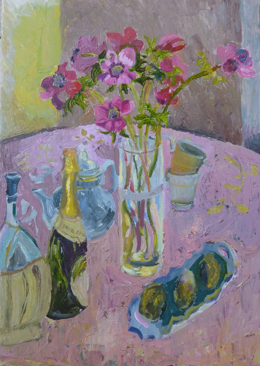 Anemones and bottle by Lynda Hopkins