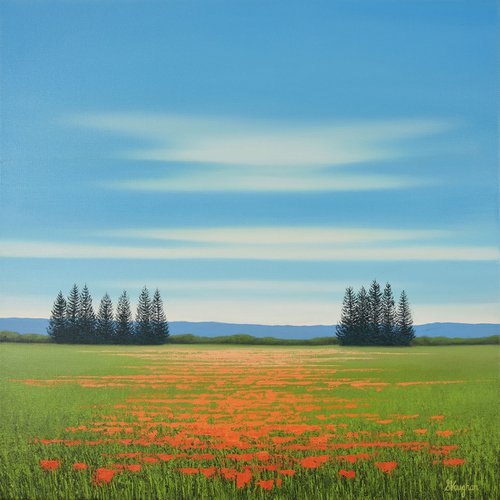 Green Field with Poppies - Flower Field Landscape by Suzanne Vaughan