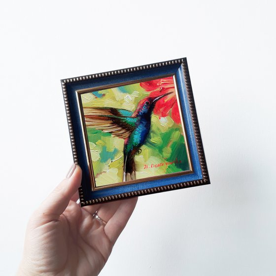 Small artwork Hummingbird art framed oil painting original 4x4, Blue yellow art bird lover gift Housewarming