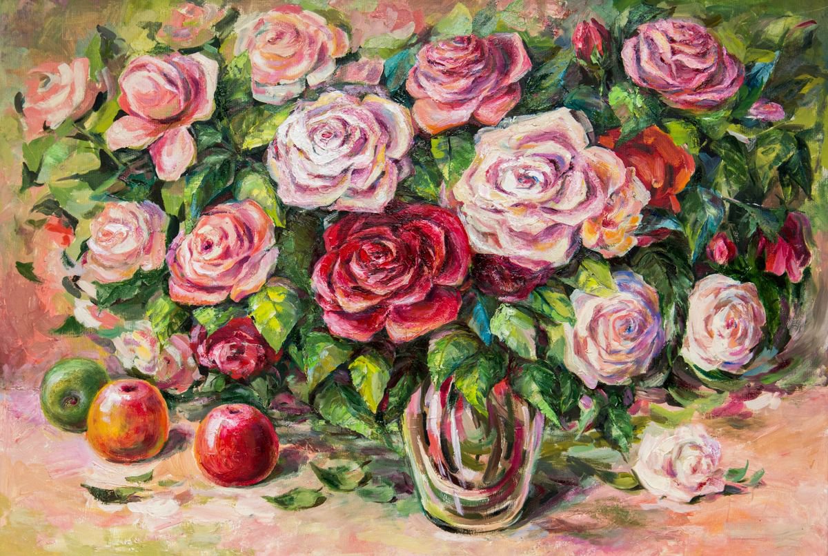 Impressionistic Still Life Oil Painting By Galyna Shevchencko, 39 X 28, Roses And Apples, Original Artwork