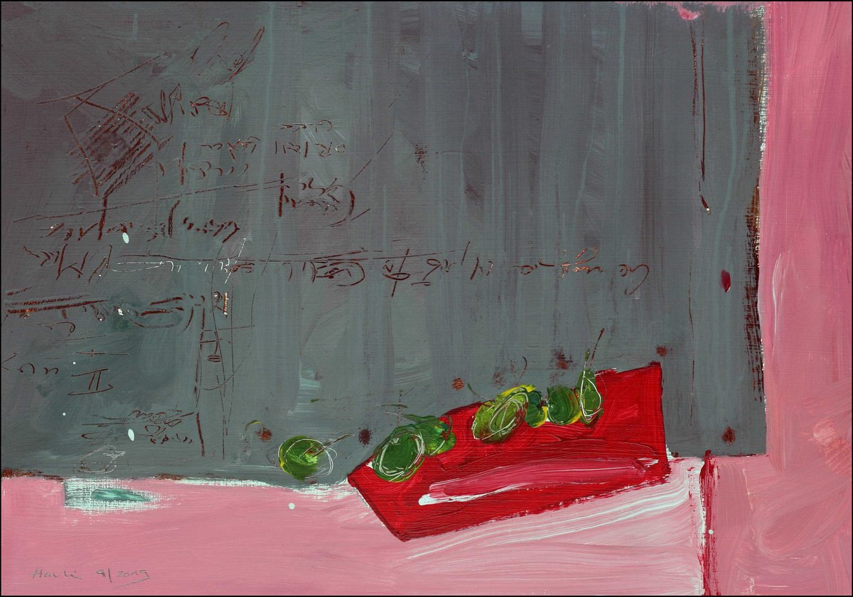 Still Life Acrylic Painting By Jiri Havlik, 20 X 14, Green Cherries, Original Artwork