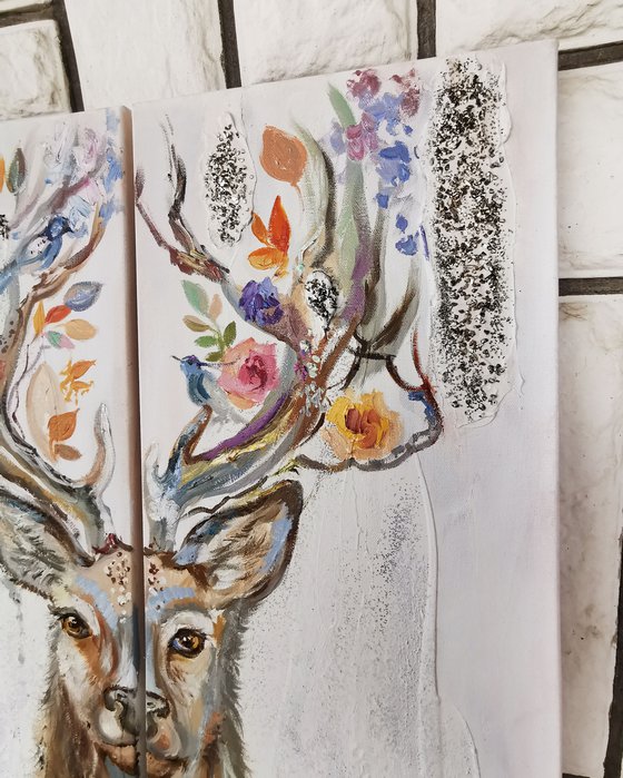 Deers in Norwegian Style: Pair of Vertical Canvases