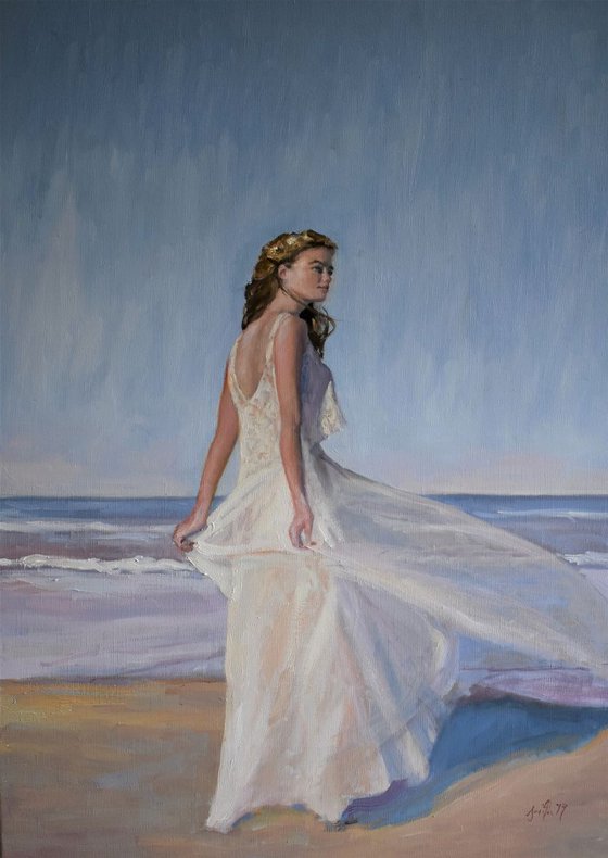 Sea Breeze-Impressionist beach figure oil painting. 50x70cm.