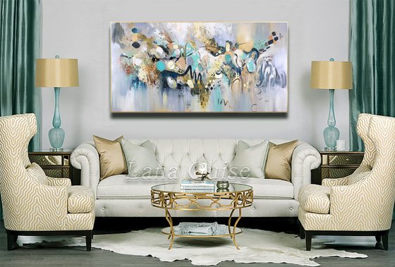 White Chocolate - Abstract Painting 60" x 30" Large Abstract Gold Leaf Soft Colors White Gray Painting