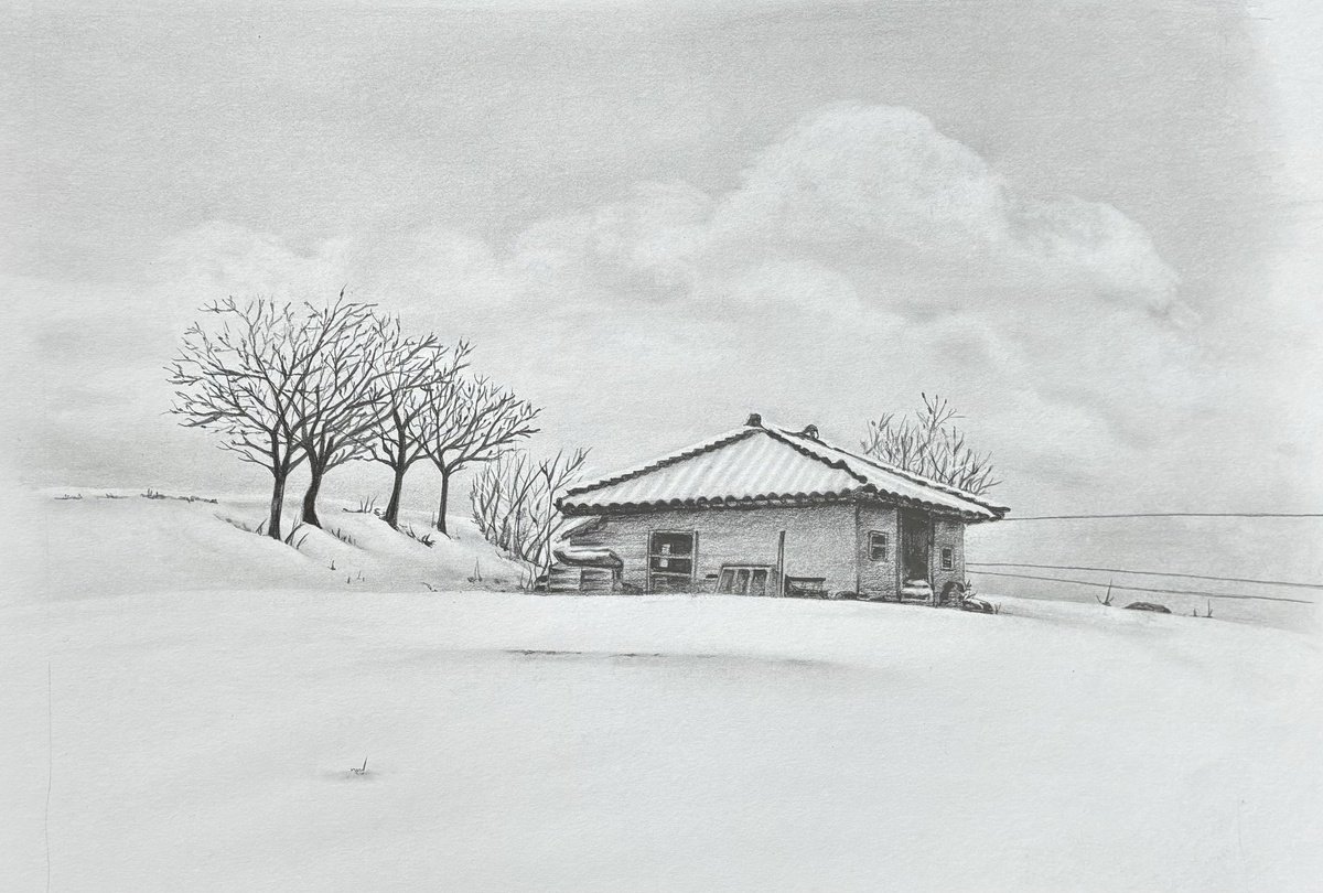 Photorealistic Landscape Pencil Drawing By Sun-Hee Jung, 16 X 11", House In The Snow, Original Artwork