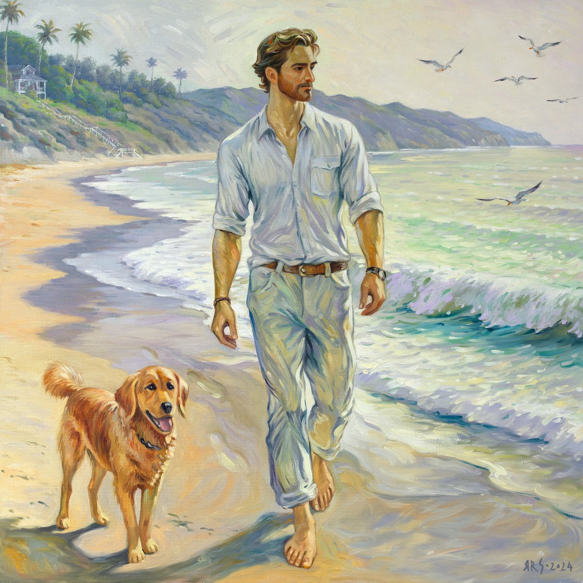 Impressionistic Landscape Oil Painting By Yaroslav Sobol, 20 X 20", Walking By The Sea With A Four-Legged Friend, Artfinder