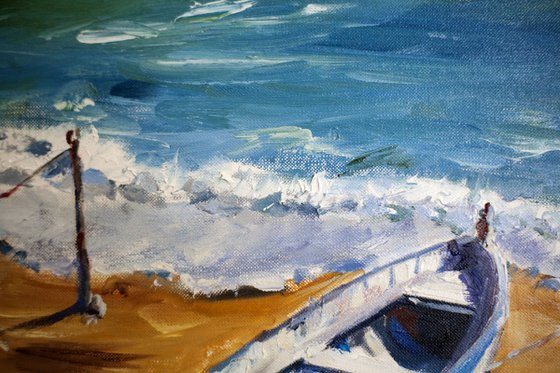 A couple. Boats in Monterosso, Italy. Original oil painting. Medium size sea seascape beach boats blue summer sand travel italy cinque terre interior impressionism