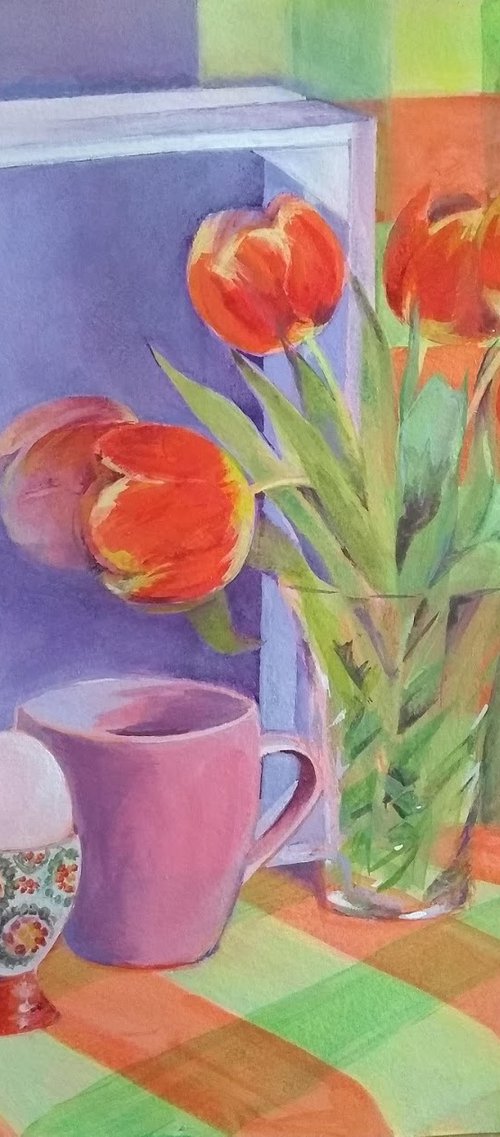 Tulips, tea and dotted egg cup, Still-life an original acrylic painting by Anjana Cawdell