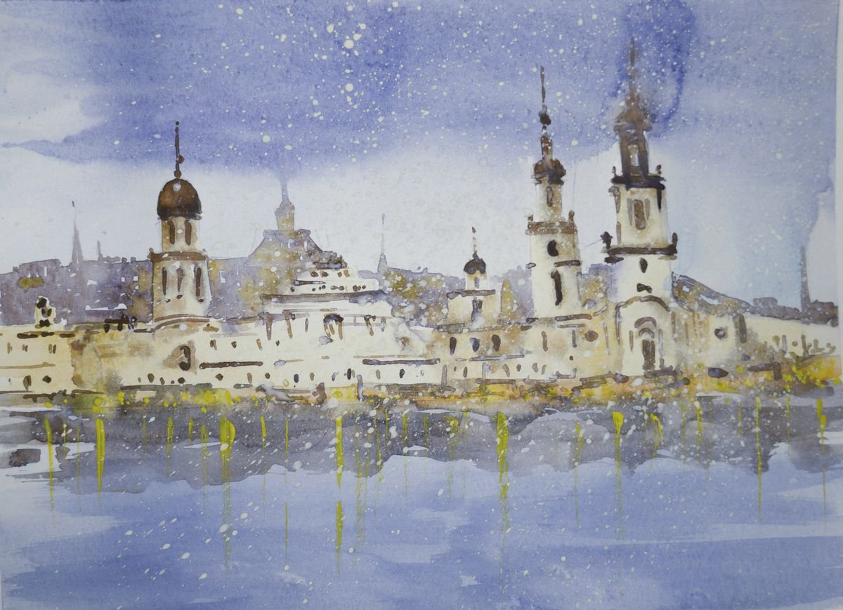 Impressionistic Cityscapes Watercolour By Eugene Gorbachenko, 12 X 8, Night Dresden. Winter, Original Artwork