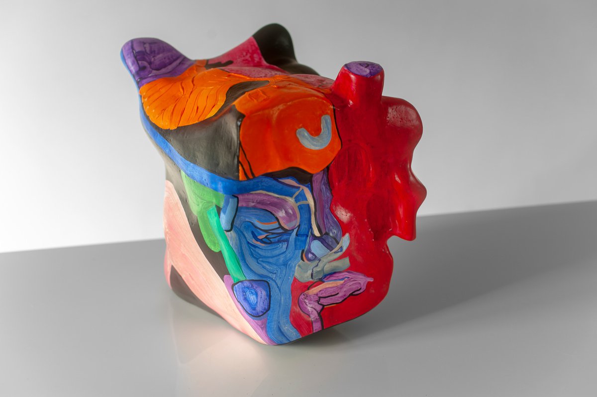 Annoyance emotional face colourful head sculpture figurative portrait series 1st artwork by Olga Chertova