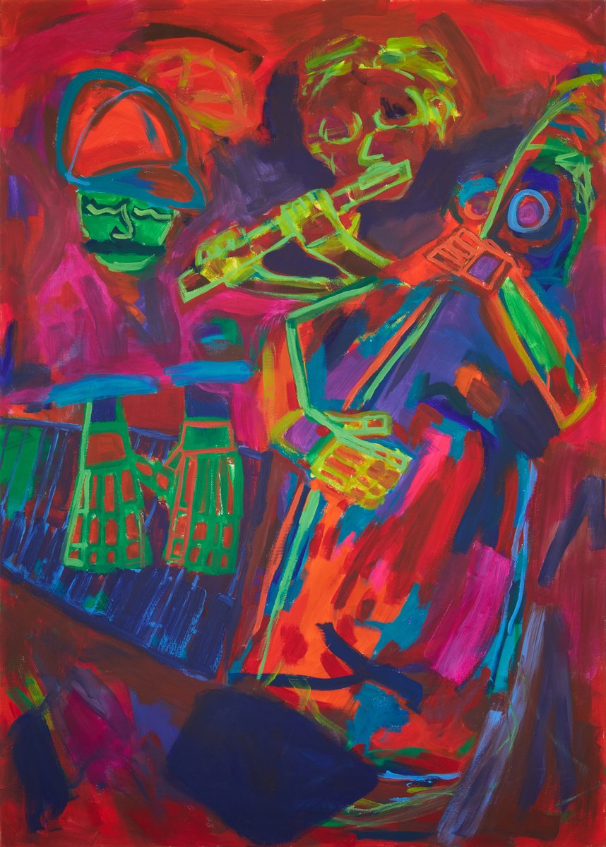 Expressive Portrait Acrylic Painting By Simon Findlay, 59 X 83", Flute, Keys And Double Bass, Original Artwork
