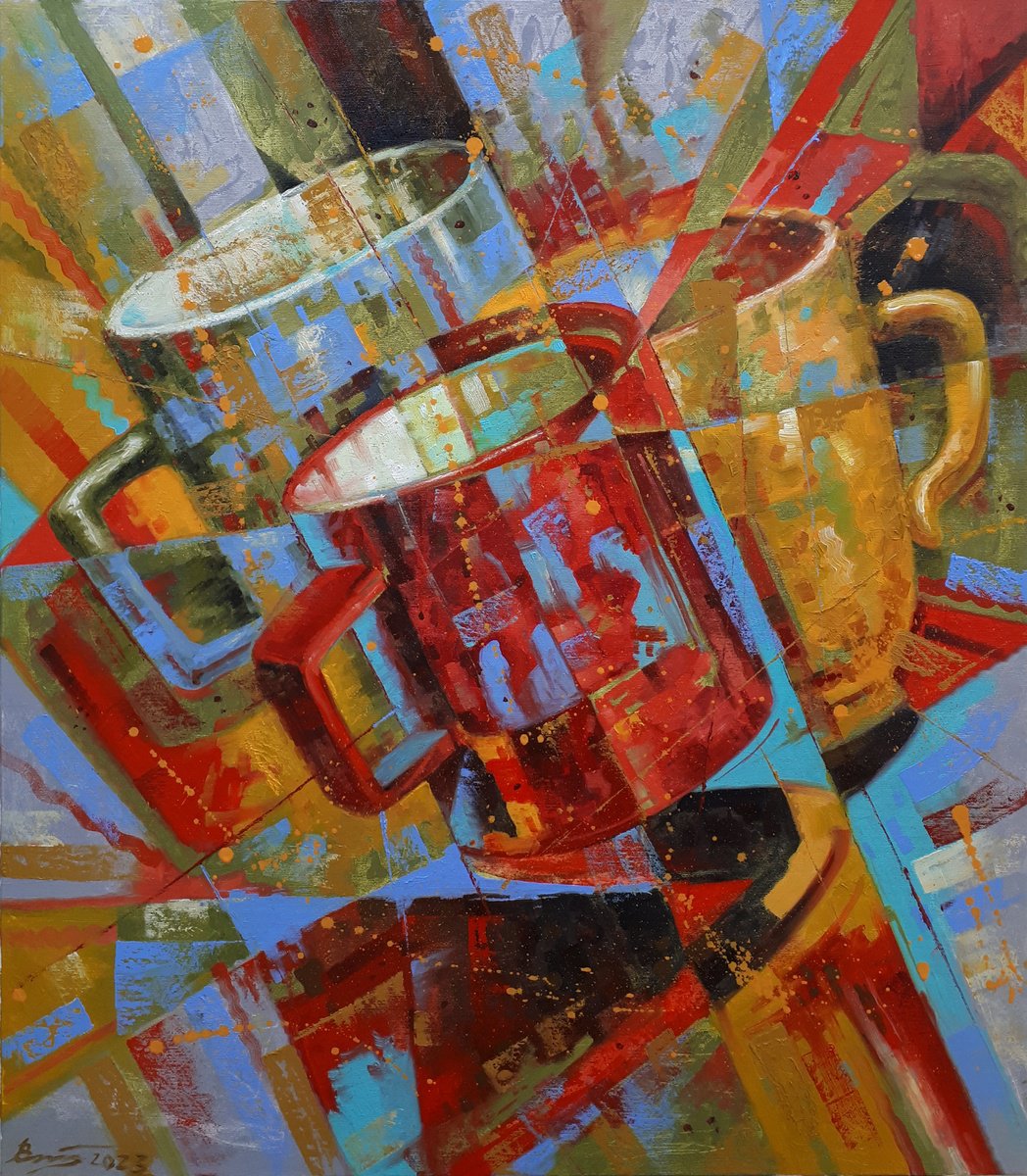 Abstract Oil Painting By Serhii Voichenko, 28 X 32", Three Cups, Original Artwork