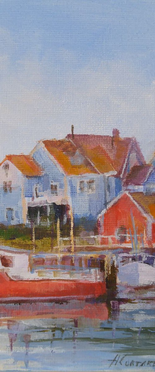 Two ships at a wharf (5x7x0.1'') (framed 8.7x7x0.5") by Alexander Koltakov