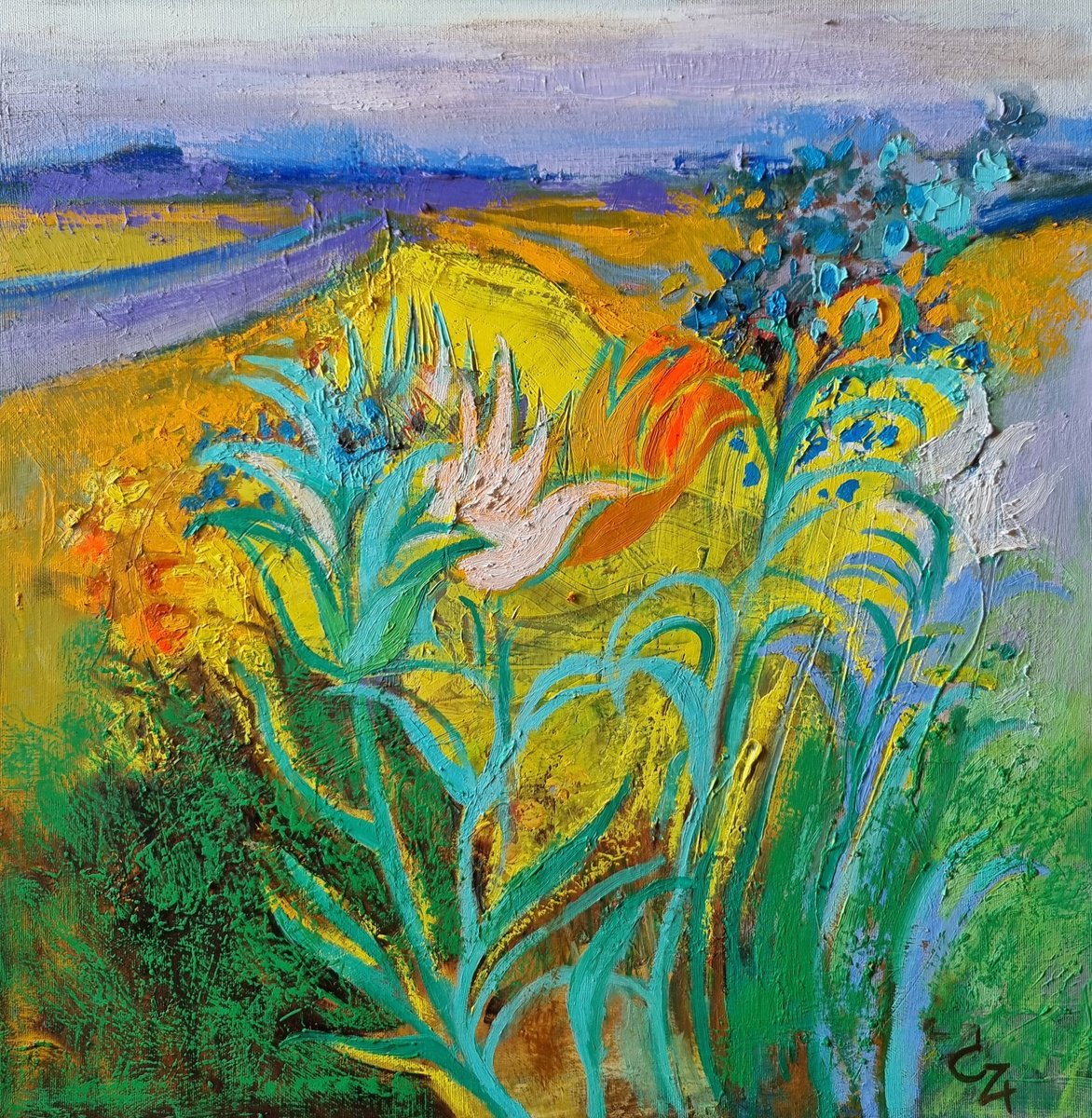 Impressionistic Landscape Oil Painting By Victoria Cozmolici, 24 X 24", Summer Flowers, Original Artwork