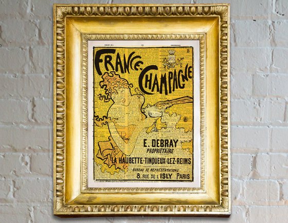 France Champagne - Collage Art Print on Large Real English Dictionary Vintage Book Page