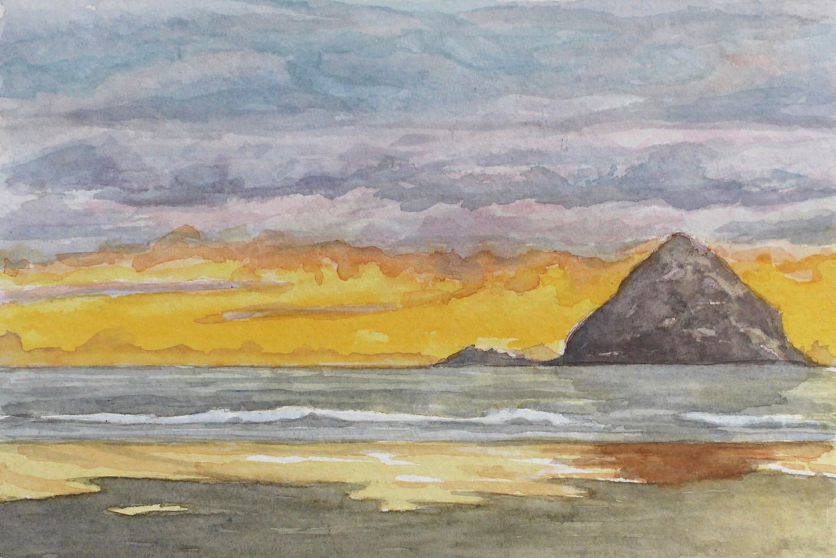 Impressionistic Landscape Watercolour By John Fleck, 10 X 7, Storm Rock, Oregon Coast, Original Artwork