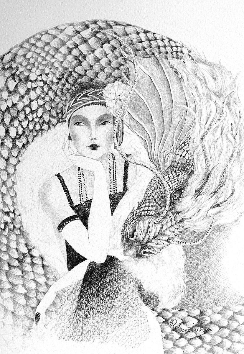 Impressionistic Portrait Pencil Drawing By Sonata Art, 16 X 20", Lady And Dragon, Original Artwork