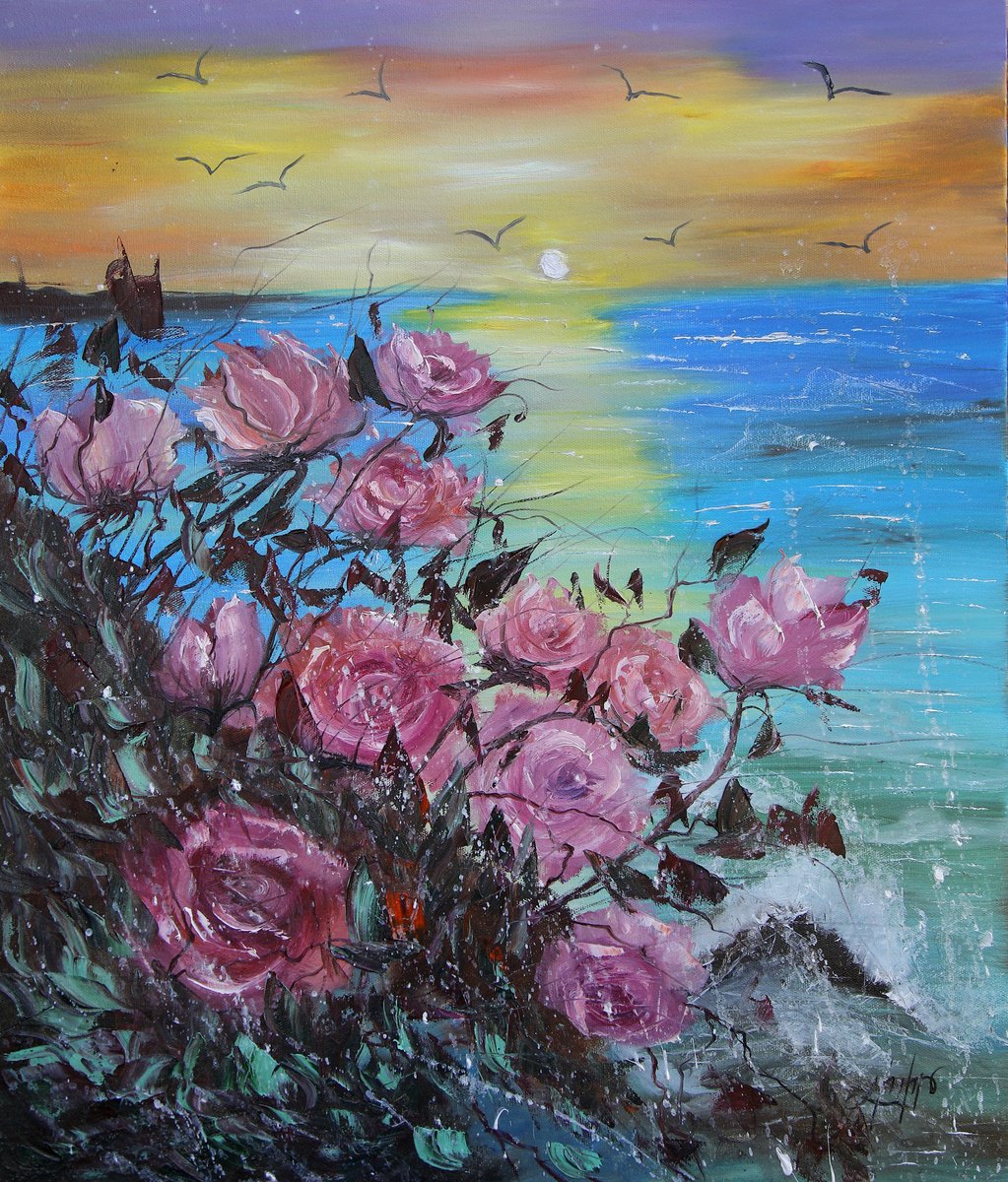 Impressionistic Botanical Oil Painting By Lilith Tonakanyan, 24 X 28", Ocean Blossoms, Original Artwork