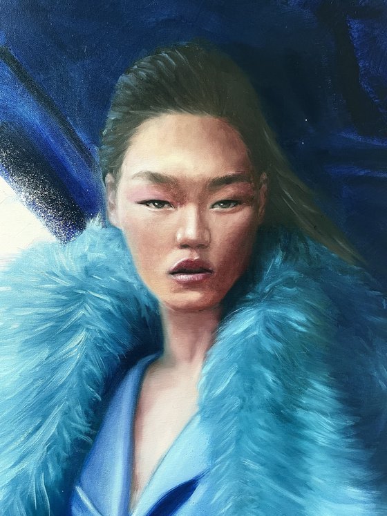 Cool kid, oil painting of pretty asian in blue fur coat and car