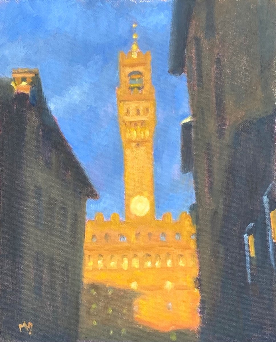 Cityscapes Oil Painting By Michael Gillespie, 14 X 16", Palazzo Vecchio Sunset, Original Artwork