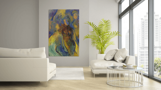 BATHERS IN BLUE - Bathers, nude art, original painting large size, blue yellow colour, love, lovers, body, tree nudes, Christmas gift