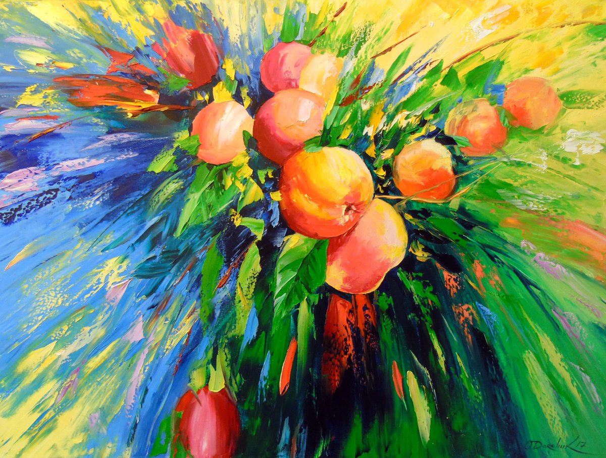 Impressionistic Botanical Oil Painting By Olha Darchuk, 31 X 24", Ripe Apples, Original Artwork